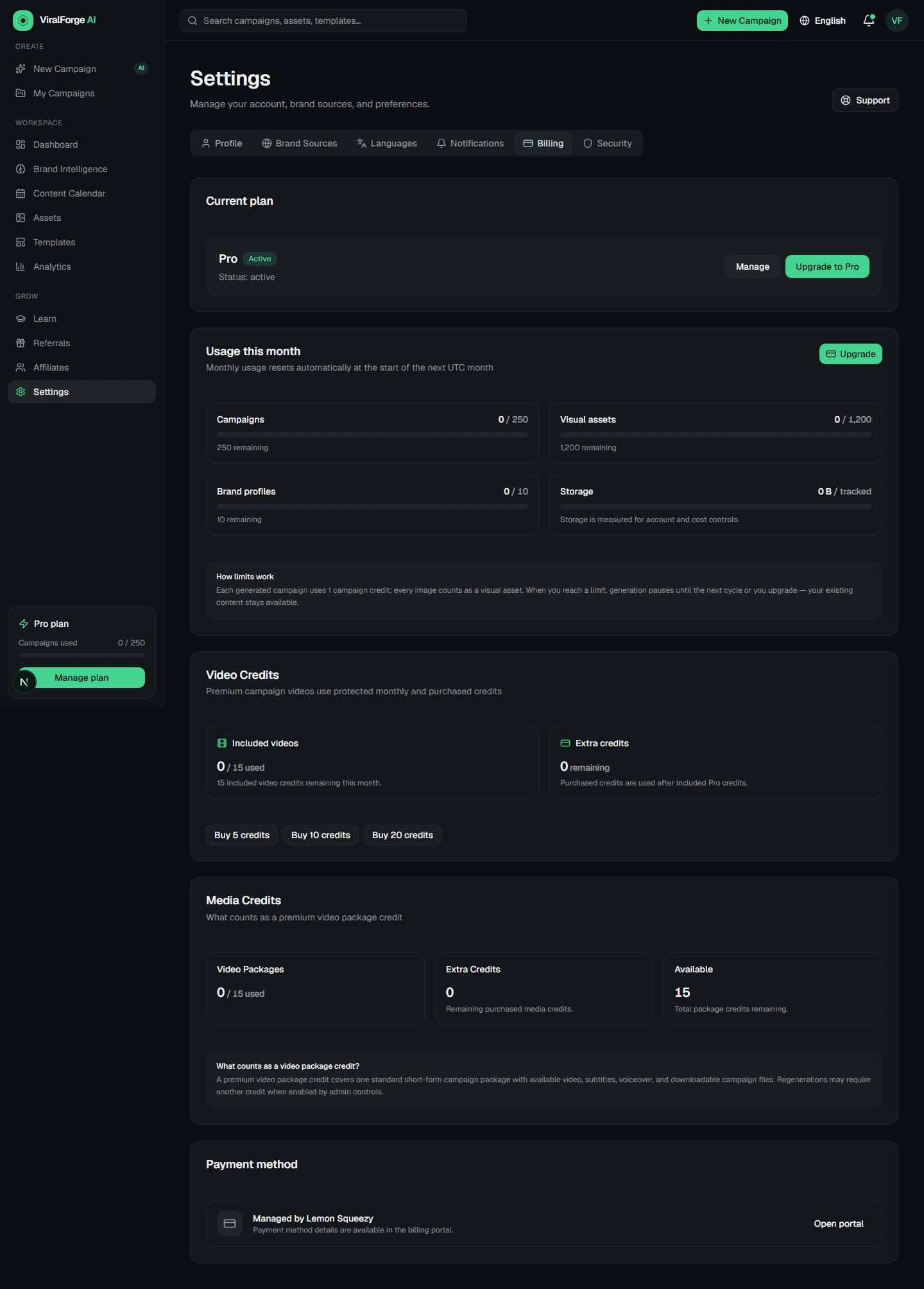Billing and usage credits settings