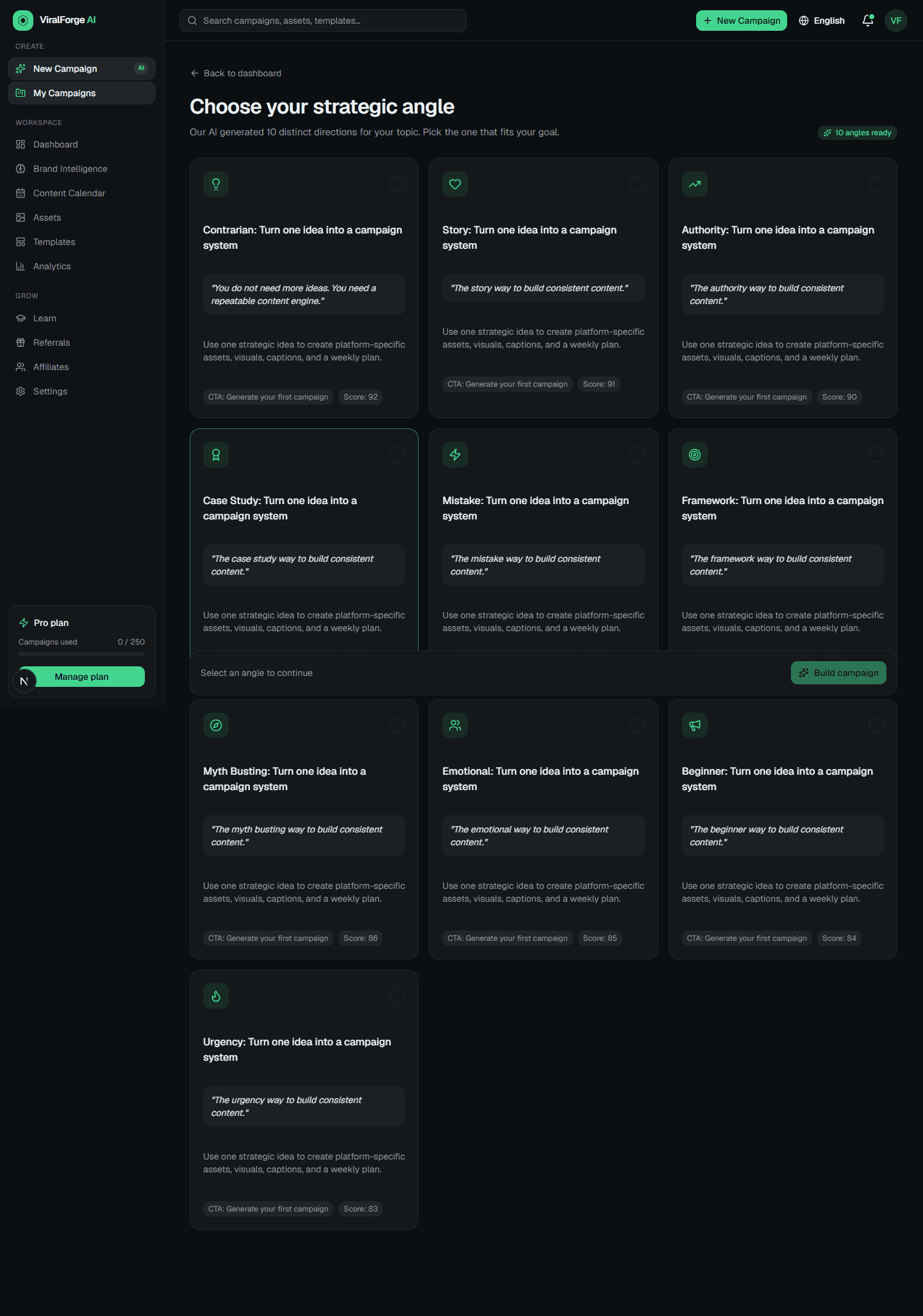 Strategic angle selection screen