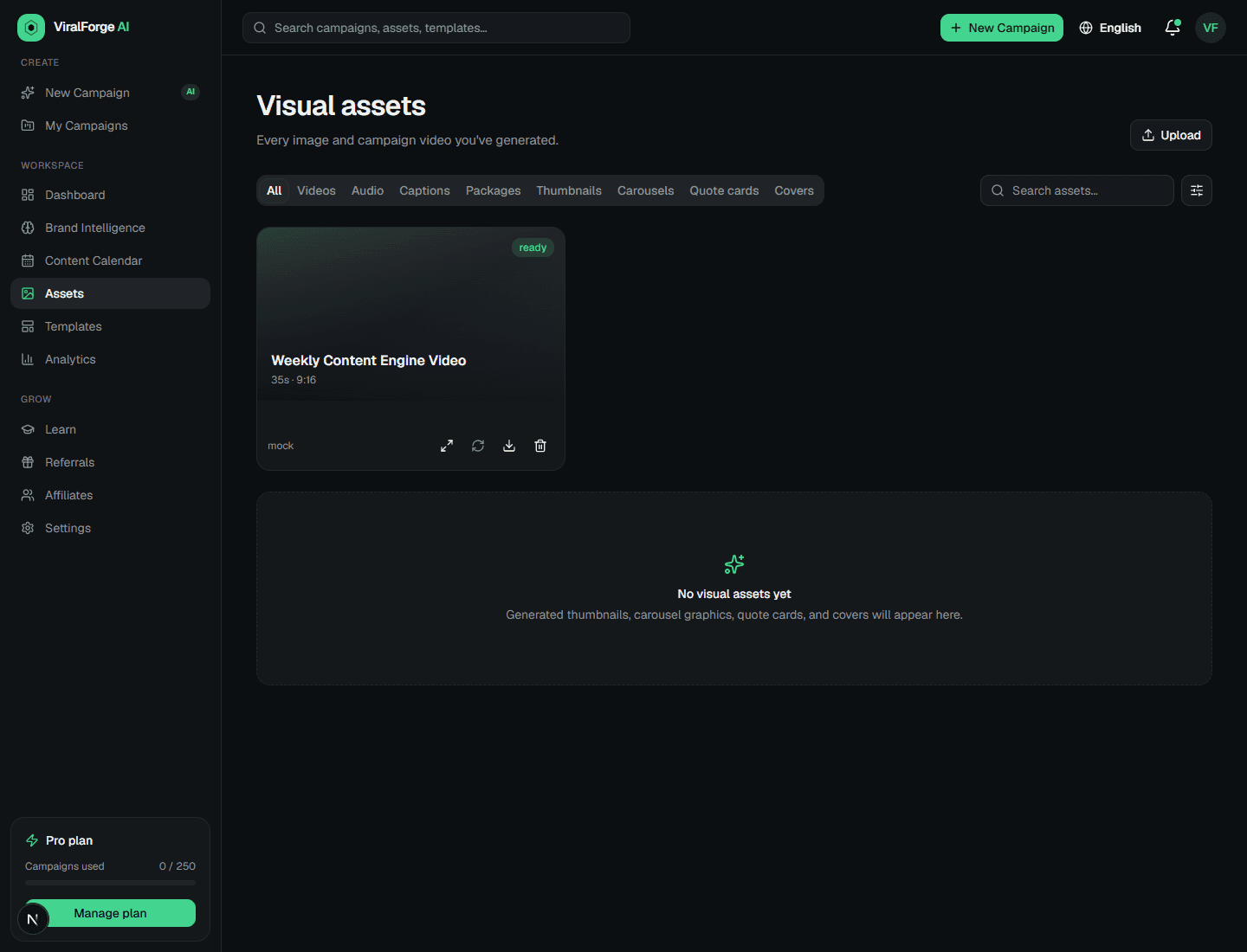 Assets library showing generated media